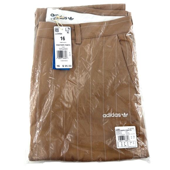 Adidas Women's Warm Sandstone Off White Pinstripe Twill Loose Pants Size 16 - Picture 3 of 11